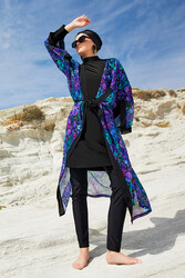 Adasea - Purple Patterned Chiffon Pareo Kimono for Swimwear Layering