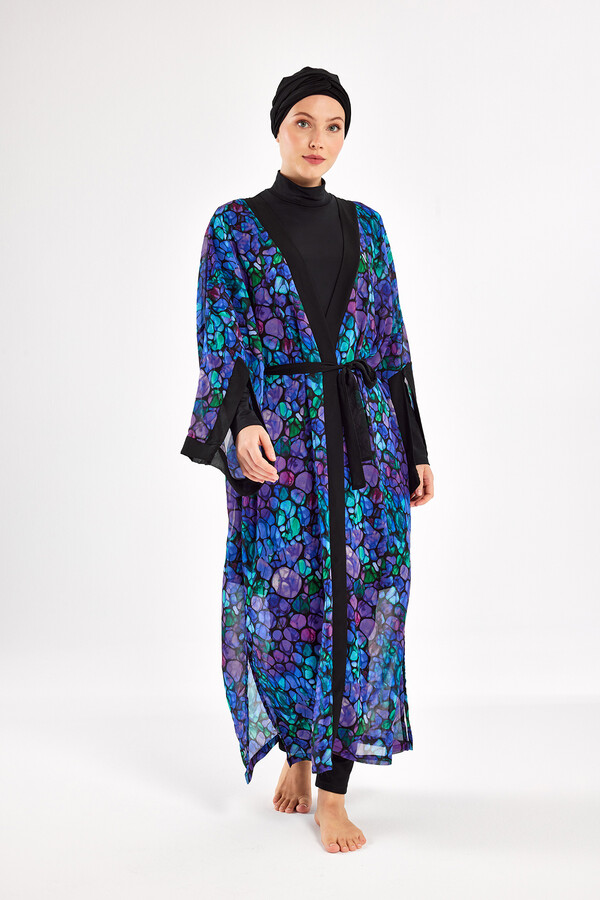 Purple Patterned Chiffon Pareo Kimono for Swimwear Layering - Thumbnail