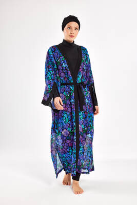 Adasea - Purple Patterned Chiffon Pareo Kimono for Swimwear Layering (1)