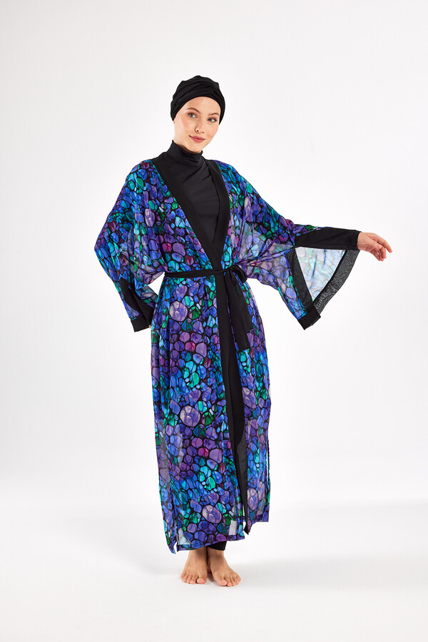 Purple Patterned Chiffon Pareo Kimono for Swimwear Layering - Thumbnail