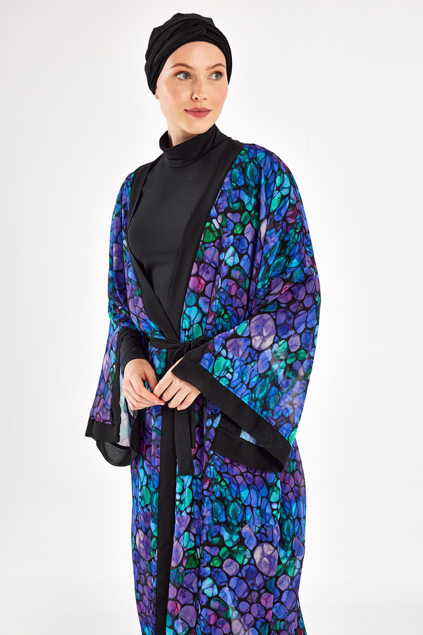 Purple Patterned Chiffon Pareo Kimono for Swimwear Layering - Thumbnail