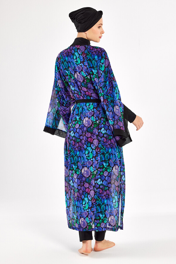 Purple Patterned Chiffon Pareo Kimono for Swimwear Layering - Thumbnail