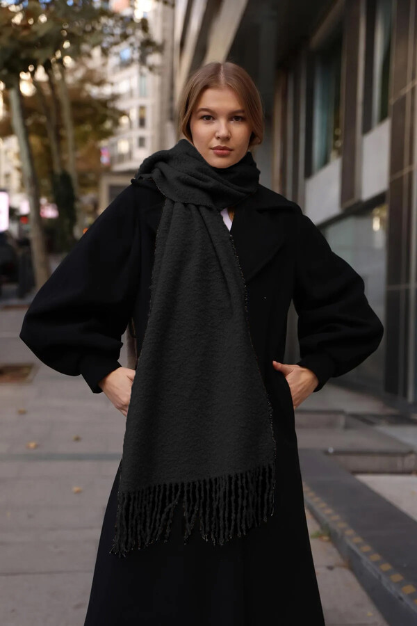 Püsküllü Buklet Atkı Şal 40X210 cm 1257 Siyah - Thumbnail