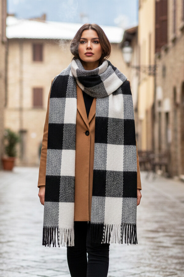 Remsa - Püsküllü Buklet Atkı Şal 40X210 cm 1291 Siyah