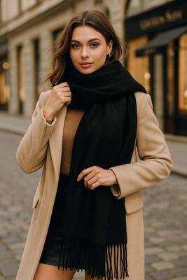 Remsa - Püsküllü Buklet Atkı Şal 45X200 cm 1285 Siyah (1)