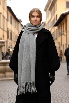 Remsa - Püsküllü Buklet Atkı Şal 45X210 cm 1257 Gri