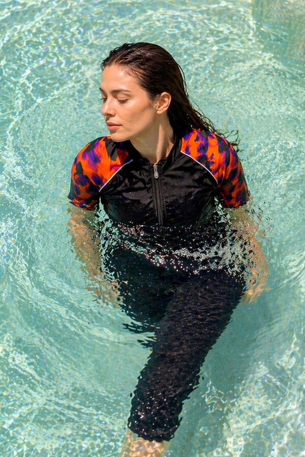 R301 Parachute Short Sleeve Half-Covered Swimsuit - Thumbnail