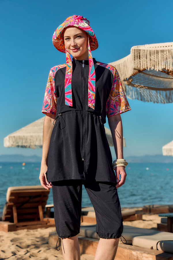 R302 Parachute Short Sleeve Half-Covered Swimsuit - Thumbnail