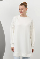 Remsa - Raglan Sleeve Tulle Stone Embroidered Modal Sweat Tunic 10616 Ecru