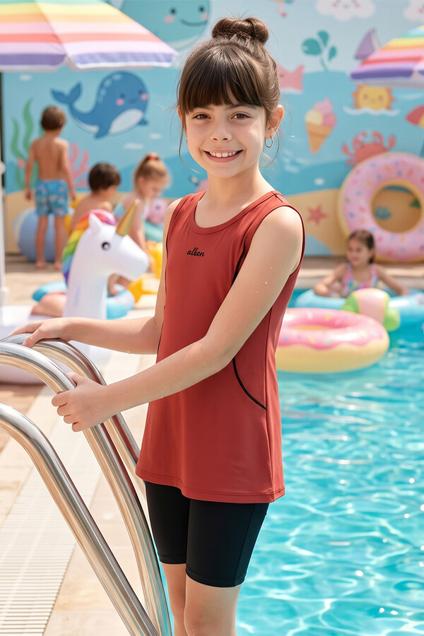 Red Two-Piece Modest Swimwear Set with Sleeveless Top and Tummy-Fit Bottoms - Thumbnail
