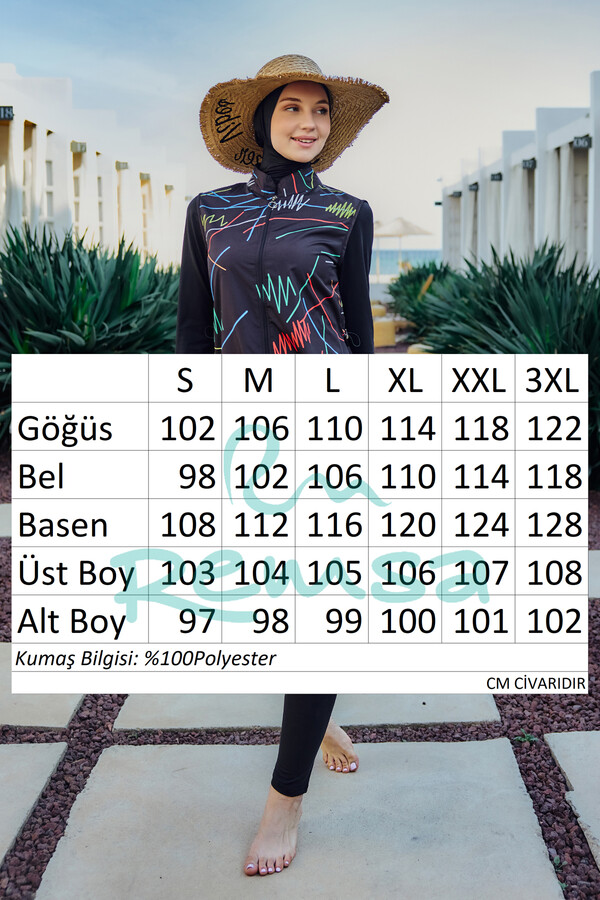 Remsa Colourful Line Patterned Fully Covered Hijab Swimsuit R005 Reyhan - Thumbnail