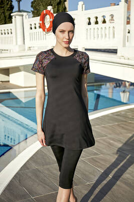 Remsa - Remsa Swimwear Semi Covered Colorful Leaf Theme Swimsuit R013 Black Remsa - Remsa Swimwear Semi Covered Colorful Leaf Theme Swimsuit R013 Black