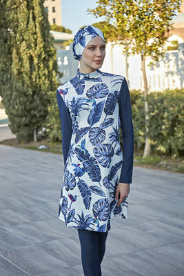 Remsa - Remsa Design Lycra Burqini Blue Leaves R900-105 Remsa - Remsa Design Lycra Burqini Blue Leaves R900-105