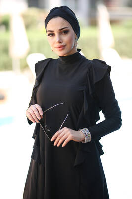 Remsa - Remsa Swimwear Lycra Fully Covered Hijab Swimsuit With Ruffles On The Side R033 Seda Black Remsa - Remsa Swimwear Lycra Fully Covered Hijab Swimsuit With Ruffles On The Side R033 Seda Black