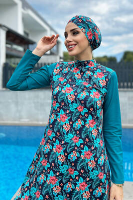Remsa - Remsa Swimwear Lycra Patterned Bonnet Full Covered Blue Leaves and Pink Flowers Pattern Swimsuit 900-133 Petrol Blue Remsa - Remsa Swimwear Lycra Patterned Bonnet Full Covered Blue Leaves and Pink Flowers Pattern Swimsuit 900-133 Petrol Blue