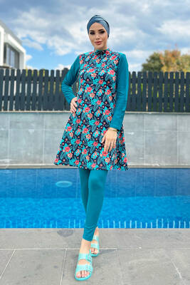 Remsa - Remsa Swimwear Lycra Patterned Bonnet Full Covered Blue Leaves and Pink Flowers Pattern Swimsuit 900-133 Petrol Blue (1) Remsa - Remsa Swimwear Lycra Patterned Bonnet Full Covered Blue Leaves and Pink Flowers Pattern Swimsuit 900-133 Petrol Blue (1)