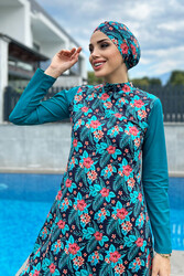 Remsa Mayo - Remsa Swimwear Lycra Patterned Bonnet Full Covered Blue Leaves and Pink Flowers Pattern Swimsuit 900-133 Petrol Blue