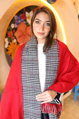 Remsa - Remsa Double Sided Houndstooth Patterned Scarf Shoulder Shawl 70X185 cm 1212 Red (1)