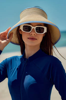 Remsa - Remsa Foldable Visor Straw Hat Sun Protective Brim RŞ-79 Striped Ribbon Beige Remsa - Remsa Foldable Visor Straw Hat Sun Protective Brim RŞ-79 Striped Ribbon Beige