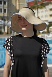 Remsa Mayo - Remsa Foldable Visor Straw Hat Sun Protective Brim RŞ-79 Striped Ribbon Beige