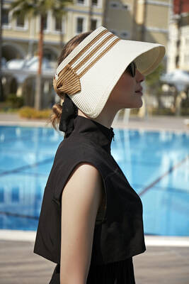 Remsa - Remsa Foldable Visor Straw Hat Sun Protective Sipper, RŞ-81 Camel Striped Ecru