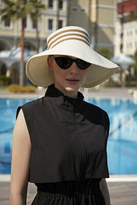 Remsa - Remsa Foldable Visor Straw Hat Sun Protective Sipper, RŞ-81 Camel Striped Ecru (1)