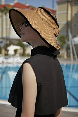 Remsa - Remsa Foldable Visor Straw Hat Sun Protective Sipper, RŞ-82 Black Trimmed Camel (1) Remsa - Remsa Foldable Visor Straw Hat Sun Protective Sipper, RŞ-82 Black Trimmed Camel (1)