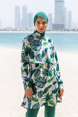 Remsa - Remsa Front-Covered Full-Coverage Modest Swimsuit R111 Green Leaf Design Remsa - Remsa Front-Covered Full-Coverage Modest Swimsuit R111 Green Leaf Design
