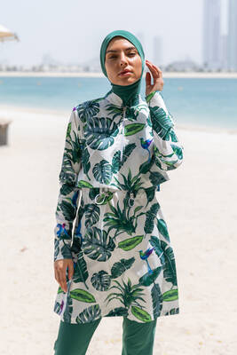 Remsa - Remsa Front-Covered Full-Coverage Modest Swimsuit R111 Green Leaf Design (1) Remsa - Remsa Front-Covered Full-Coverage Modest Swimsuit R111 Green Leaf Design (1)
