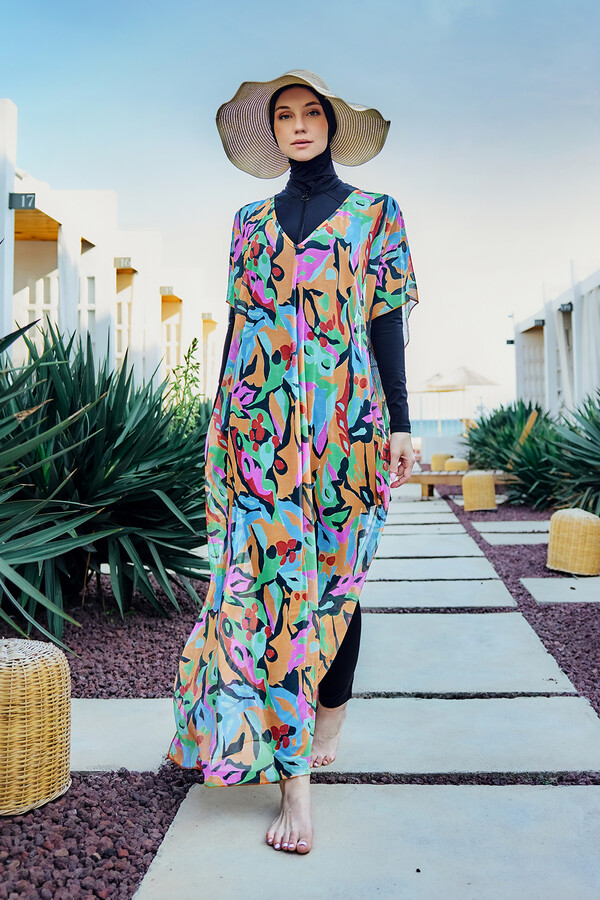 Remsa Full-Cover Swimwear Set with Patterned Kaftan Pareo 430-308 Orange - Thumbnail
