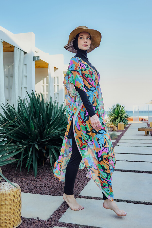 Remsa Full-Cover Swimwear Set with Patterned Kaftan Pareo 430-308 Orange - Thumbnail