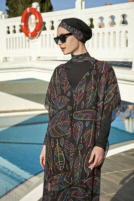 Remsa - Remsa Hijab Swimwear Patterned Single Kaftan Pareo Colorful Leaf Theme 430-303 Zeynep Remsa - Remsa Hijab Swimwear Patterned Single Kaftan Pareo Colorful Leaf Theme 430-303 Zeynep