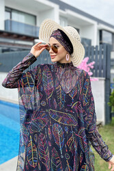 Remsa Mayo - Remsa Hijab Swimwear Patterned Single Kaftan Pareo Colorful Leaf Theme 430-303 Zeynep