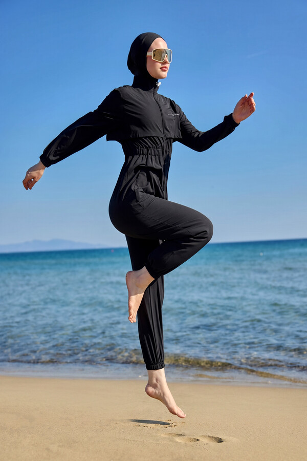 Remsa Jumpsuit Sports Parachute Full Cover Swimsuit R101 Black - Thumbnail