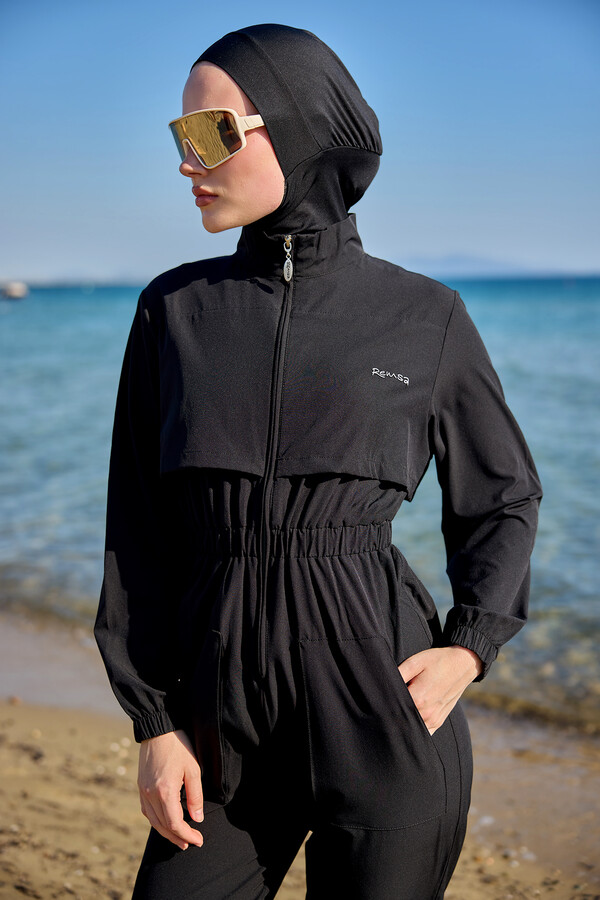 Remsa Jumpsuit Sports Parachute Full Cover Swimsuit R101 Black - Thumbnail