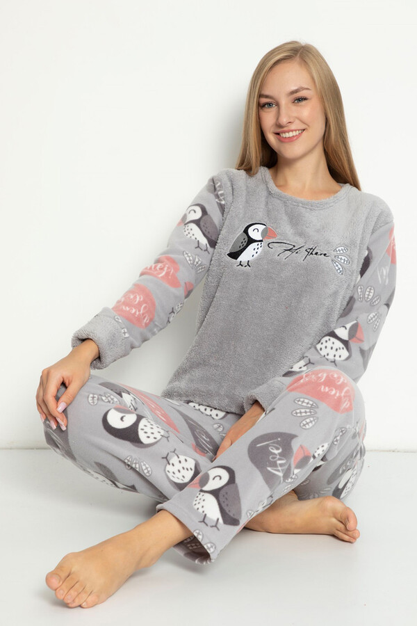 Remsa Kadın Kuş Desenli Polar Pijama Takımı Gri - Thumbnail