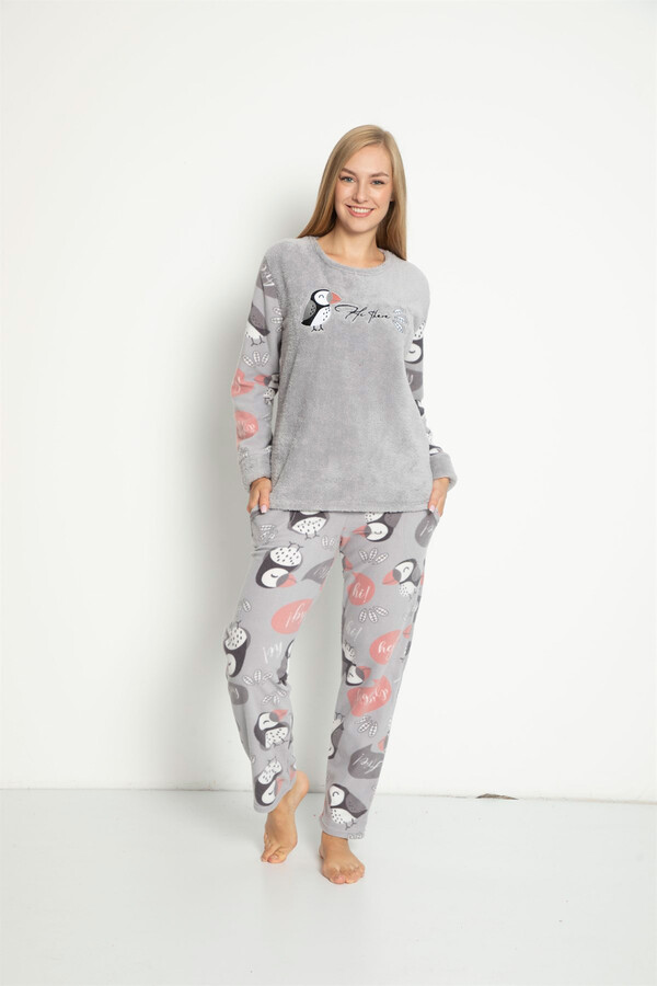 Remsa Kadın Kuş Desenli Polar Pijama Takımı Gri - Thumbnail