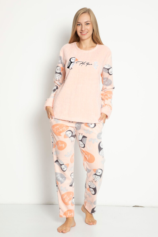 Remsa Kadın Kuş Desenli Polar Pijama Takımı Somon - Thumbnail