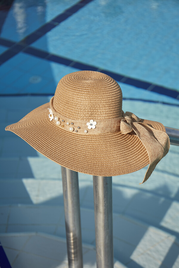 Remsa Mayo İncili Papatya Detaylı Hasır Şapka RŞ-77 Camel - Thumbnail