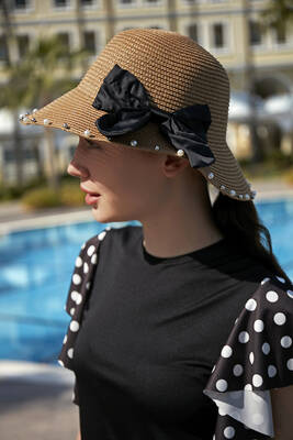 Remsa - Remsa Mayo Pearl Ribbon Detail Straw Hat RŞ-76 Camel