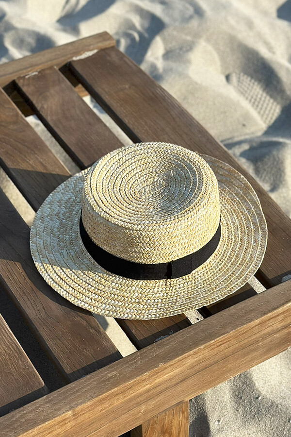 Retro Woven Straw Hat with Contrast Band - Thumbnail