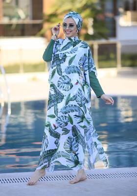 Remsa Mayo - Remsa Mayo Tesettür Mayo Üzerine Desenli Kaftan Tek Pareo Yeşil Yapraklar (1)