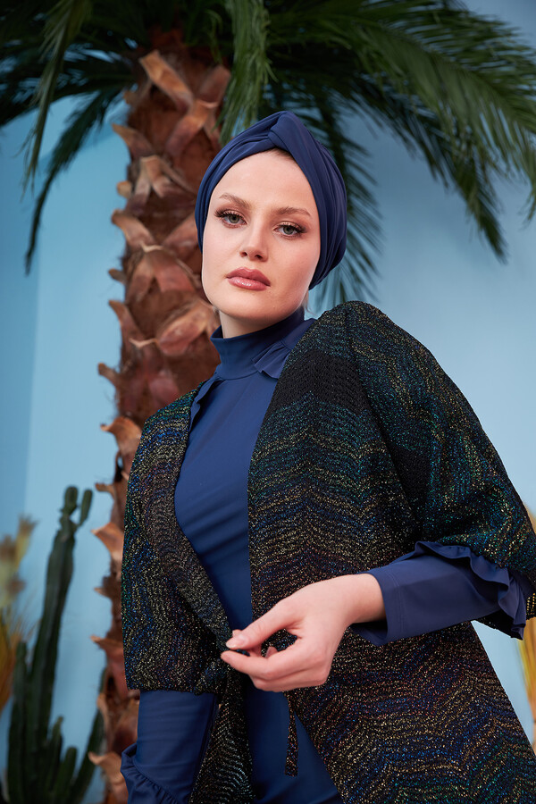 Remsa Mayo Üzerine Önü Açık Örme Pareo 430-543 Simli Siyah - Thumbnail