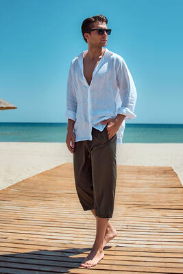 Remsa - Remsa Men's Blue Sea Long Capri Shorts Swimsuit RKS-01 Khaki