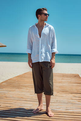 Remsa - Remsa Men's Blue Sea Long Capri Shorts Swimsuit RKS-01 Khaki (1)