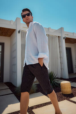 Remsa - Remsa Men's Pool and Beach Long Capri Swim Shorts - RK005 Black Monogram (1) Remsa - Remsa Men's Pool and Beach Long Capri Swim Shorts - RK005 Black Monogram (1)