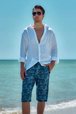 Remsa - Remsa Men's Pool and Sea Long Capri Shorts Swimsuit RK007 Blue Tile Remsa - Remsa Men's Pool and Sea Long Capri Shorts Swimsuit RK007 Blue Tile