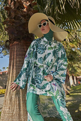 Remsa - Remsa Modest Swimsuit Cover-Up Kimono Pareo RP017 Green Leaves Remsa - Remsa Modest Swimsuit Cover-Up Kimono Pareo RP017 Green Leaves