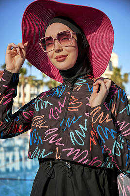 Remsa - Remsa Parachute Covered Fully Covered Hijab Swimsuit R046 Black Color Neon (1) Remsa - Remsa Parachute Covered Fully Covered Hijab Swimsuit R046 Black Color Neon (1)