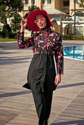 Remsa - Remsa Parachute Full-Coverage Modest Swimsuit R4804 Pink Geometric